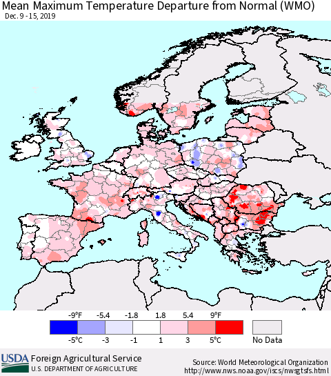 Europe Mean Maximum Temperature Departure from Normal (WMO) Thematic Map For 12/9/2019 - 12/15/2019