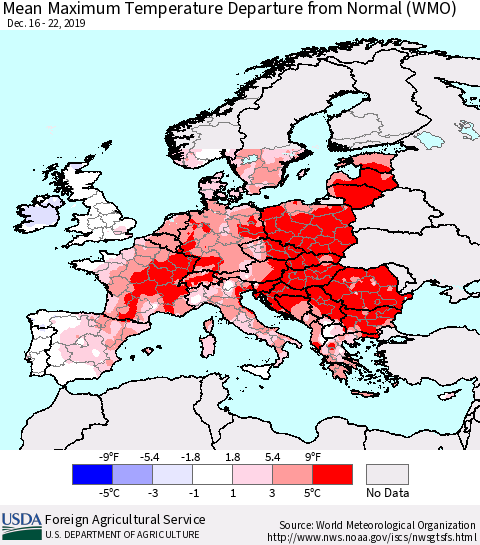 Europe Mean Maximum Temperature Departure from Normal (WMO) Thematic Map For 12/16/2019 - 12/22/2019