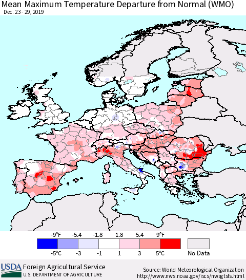 Europe Mean Maximum Temperature Departure from Normal (WMO) Thematic Map For 12/23/2019 - 12/29/2019