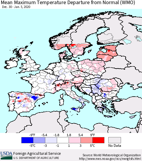 Europe Mean Maximum Temperature Departure from Normal (WMO) Thematic Map For 12/30/2019 - 1/5/2020