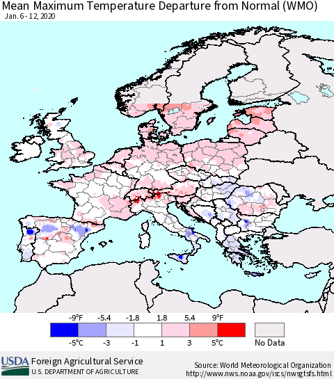 Europe Mean Maximum Temperature Departure from Normal (WMO) Thematic Map For 1/6/2020 - 1/12/2020