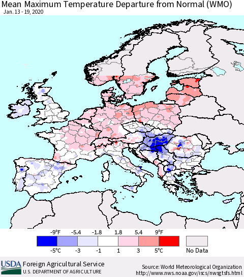 Europe Mean Maximum Temperature Departure from Normal (WMO) Thematic Map For 1/13/2020 - 1/19/2020
