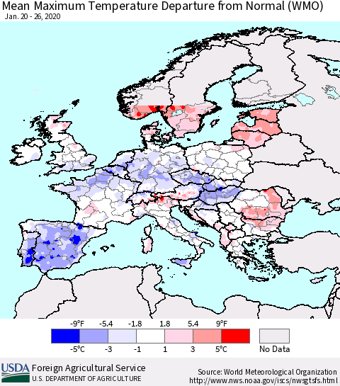 Europe Mean Maximum Temperature Departure from Normal (WMO) Thematic Map For 1/20/2020 - 1/26/2020