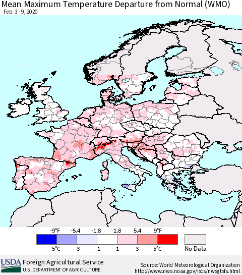 Europe Mean Maximum Temperature Departure from Normal (WMO) Thematic Map For 2/3/2020 - 2/9/2020