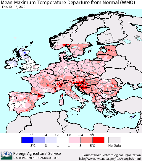 Europe Mean Maximum Temperature Departure from Normal (WMO) Thematic Map For 2/10/2020 - 2/16/2020