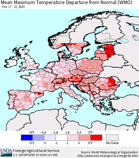 Europe Mean Maximum Temperature Departure from Normal (WMO) Thematic Map For 2/17/2020 - 2/23/2020