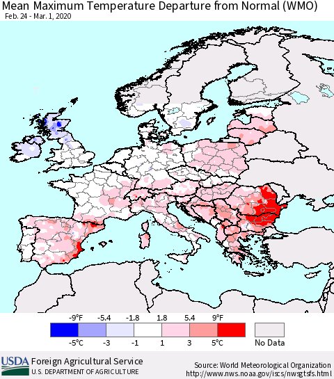 Europe Mean Maximum Temperature Departure from Normal (WMO) Thematic Map For 2/24/2020 - 3/1/2020