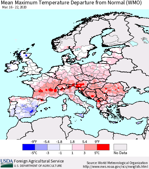 Europe Mean Maximum Temperature Departure from Normal (WMO) Thematic Map For 3/16/2020 - 3/22/2020
