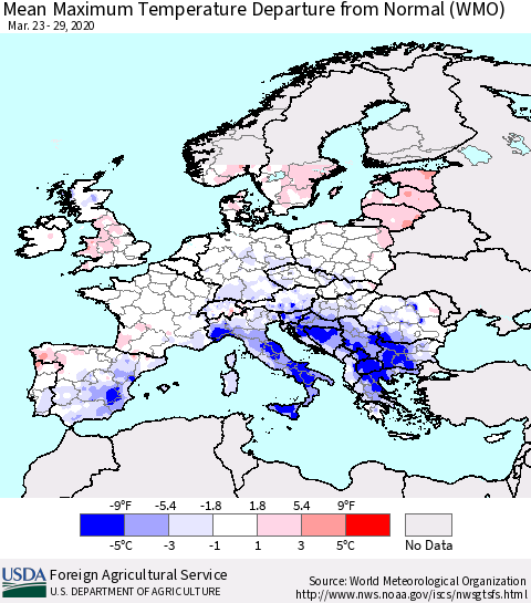 Europe Mean Maximum Temperature Departure from Normal (WMO) Thematic Map For 3/23/2020 - 3/29/2020