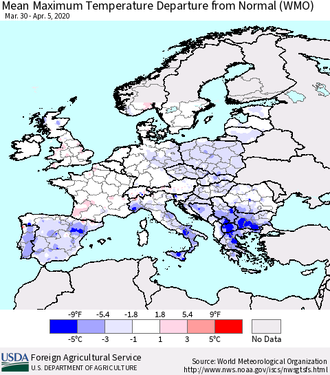 Europe Mean Maximum Temperature Departure from Normal (WMO) Thematic Map For 3/30/2020 - 4/5/2020