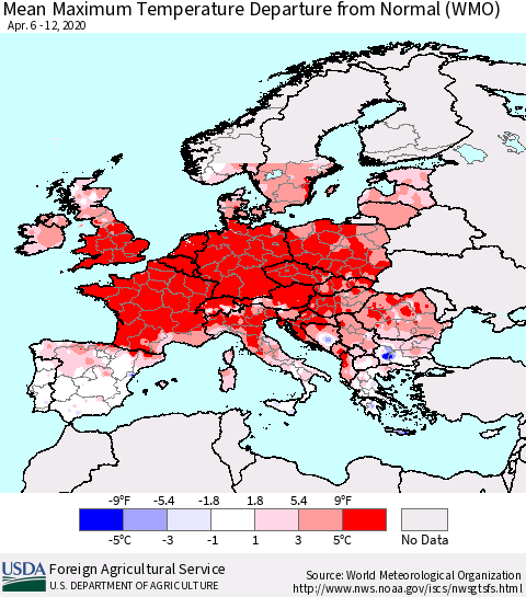 Europe Mean Maximum Temperature Departure from Normal (WMO) Thematic Map For 4/6/2020 - 4/12/2020