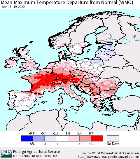 Europe Mean Maximum Temperature Departure from Normal (WMO) Thematic Map For 4/13/2020 - 4/19/2020