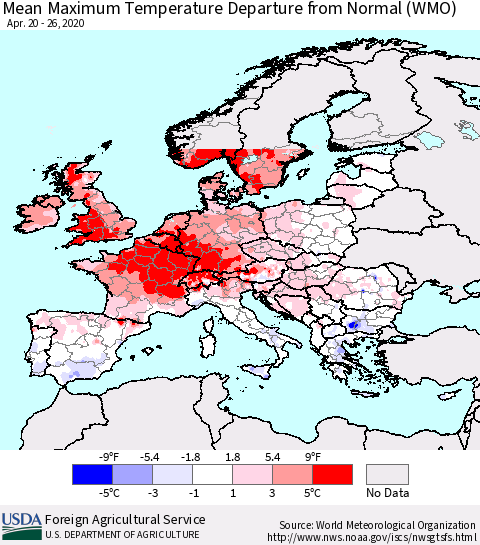 Europe Mean Maximum Temperature Departure from Normal (WMO) Thematic Map For 4/20/2020 - 4/26/2020