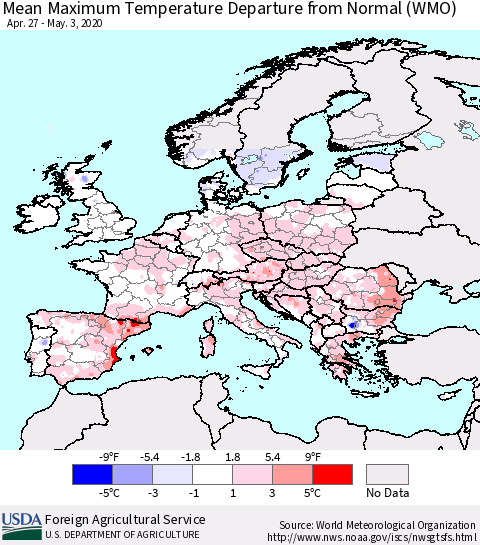 Europe Mean Maximum Temperature Departure from Normal (WMO) Thematic Map For 4/27/2020 - 5/3/2020