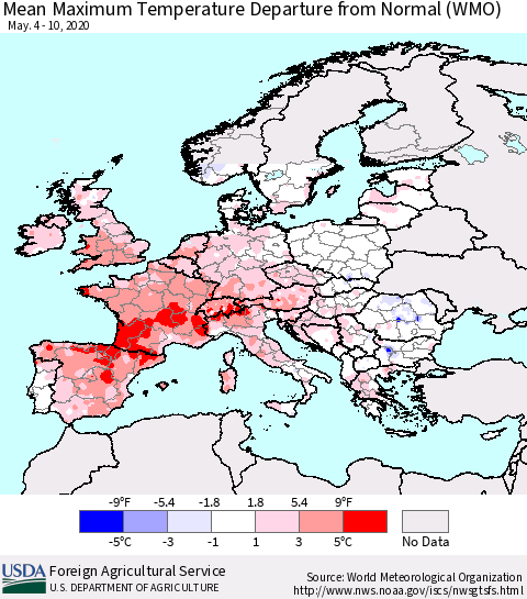 Europe Mean Maximum Temperature Departure from Normal (WMO) Thematic Map For 5/4/2020 - 5/10/2020