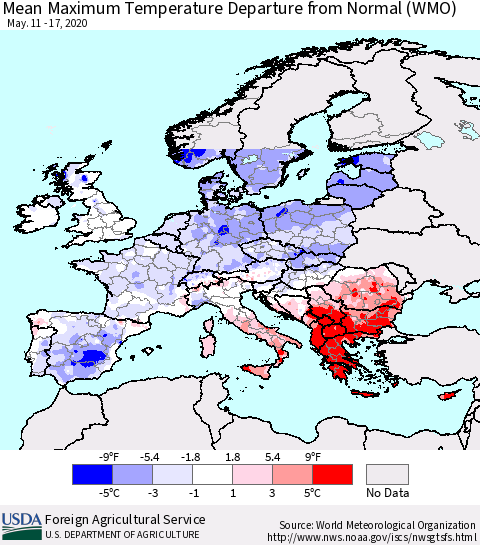 Europe Mean Maximum Temperature Departure from Normal (WMO) Thematic Map For 5/11/2020 - 5/17/2020
