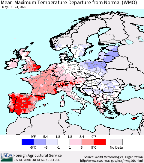Europe Mean Maximum Temperature Departure from Normal (WMO) Thematic Map For 5/18/2020 - 5/24/2020