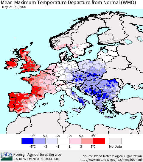 Europe Mean Maximum Temperature Departure from Normal (WMO) Thematic Map For 5/25/2020 - 5/31/2020