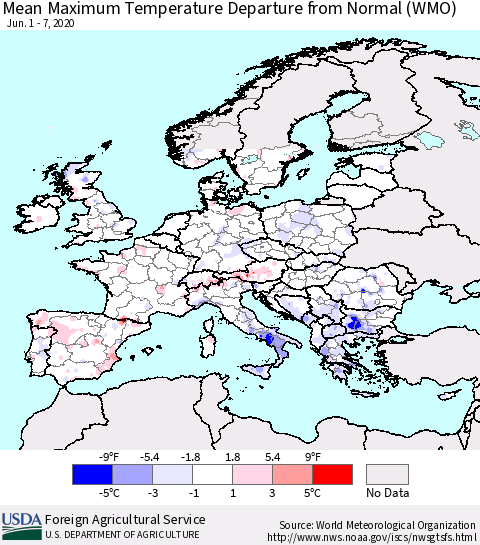Europe Mean Maximum Temperature Departure from Normal (WMO) Thematic Map For 6/1/2020 - 6/7/2020