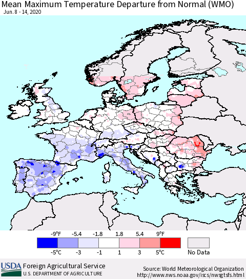 Europe Mean Maximum Temperature Departure from Normal (WMO) Thematic Map For 6/8/2020 - 6/14/2020