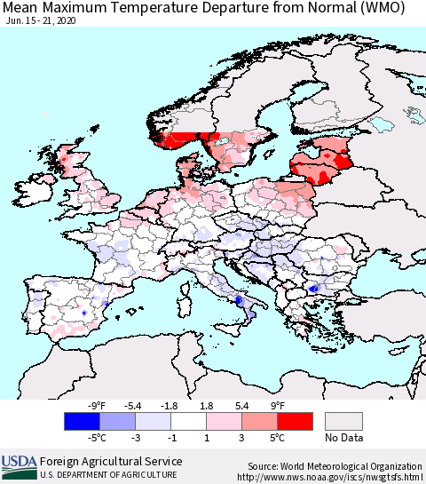 Europe Mean Maximum Temperature Departure from Normal (WMO) Thematic Map For 6/15/2020 - 6/21/2020