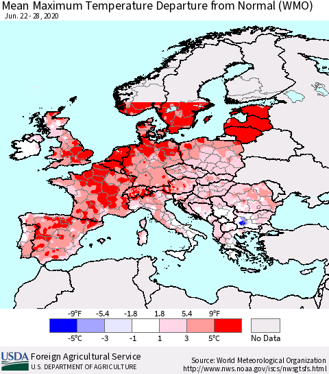 Europe Mean Maximum Temperature Departure from Normal (WMO) Thematic Map For 6/22/2020 - 6/28/2020