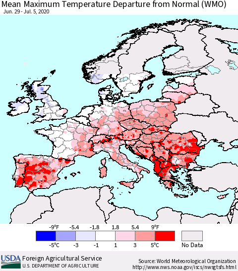 Europe Mean Maximum Temperature Departure from Normal (WMO) Thematic Map For 6/29/2020 - 7/5/2020