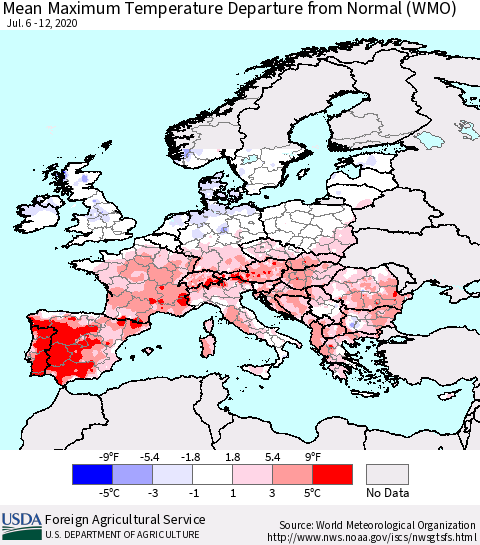 Europe Mean Maximum Temperature Departure from Normal (WMO) Thematic Map For 7/6/2020 - 7/12/2020