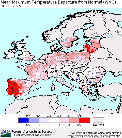 Europe Mean Maximum Temperature Departure from Normal (WMO) Thematic Map For 7/13/2020 - 7/19/2020