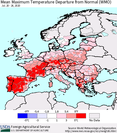 Europe Mean Maximum Temperature Departure from Normal (WMO) Thematic Map For 7/20/2020 - 7/26/2020
