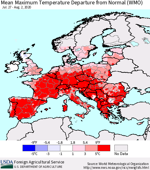 Europe Mean Maximum Temperature Departure from Normal (WMO) Thematic Map For 7/27/2020 - 8/2/2020