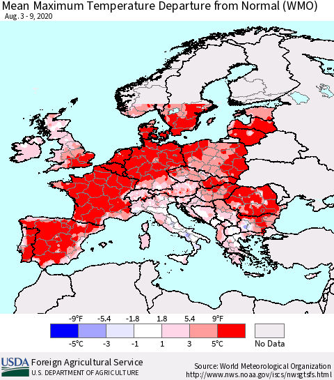 Europe Mean Maximum Temperature Departure from Normal (WMO) Thematic Map For 8/3/2020 - 8/9/2020