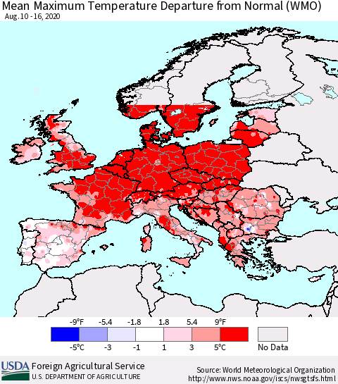 Europe Mean Maximum Temperature Departure from Normal (WMO) Thematic Map For 8/10/2020 - 8/16/2020