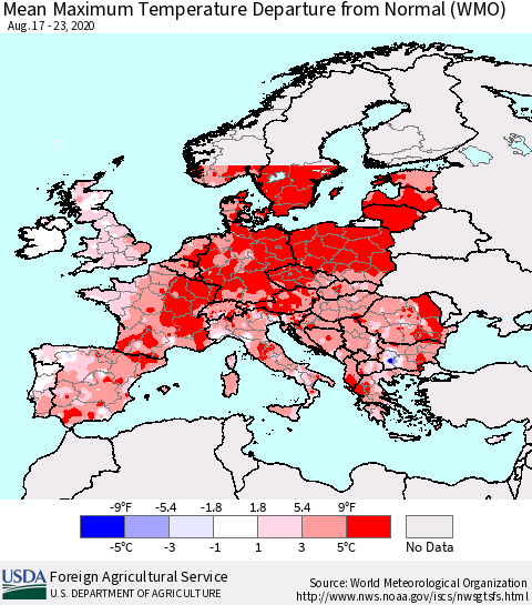Europe Mean Maximum Temperature Departure from Normal (WMO) Thematic Map For 8/17/2020 - 8/23/2020
