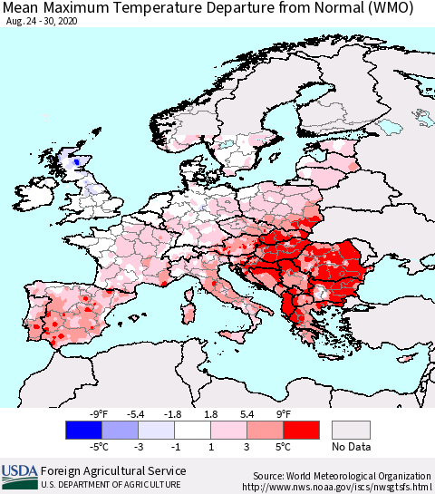 Europe Mean Maximum Temperature Departure from Normal (WMO) Thematic Map For 8/24/2020 - 8/30/2020