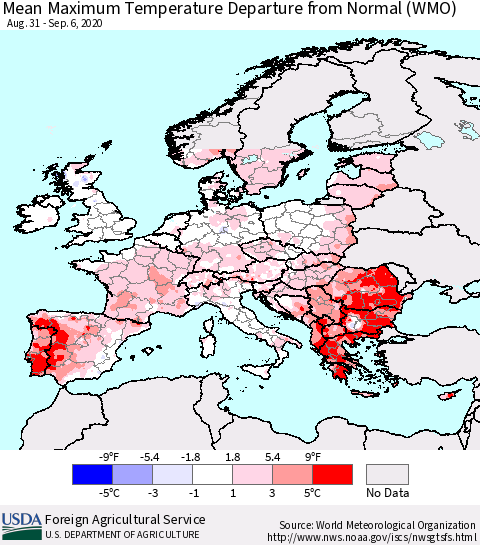 Europe Mean Maximum Temperature Departure from Normal (WMO) Thematic Map For 8/31/2020 - 9/6/2020