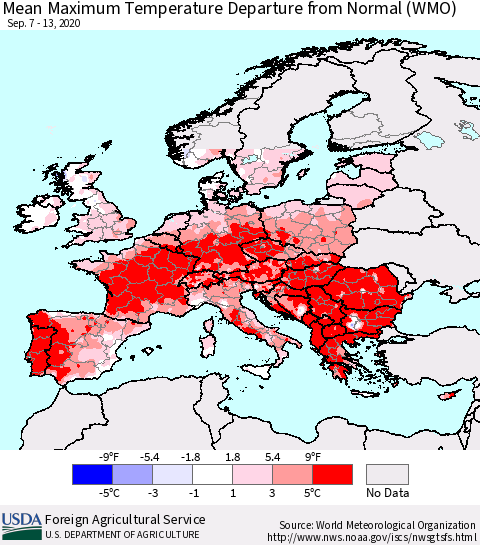 Europe Mean Maximum Temperature Departure from Normal (WMO) Thematic Map For 9/7/2020 - 9/13/2020