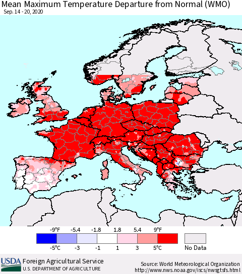 Europe Mean Maximum Temperature Departure from Normal (WMO) Thematic Map For 9/14/2020 - 9/20/2020