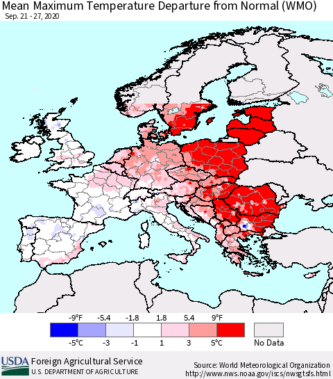 Europe Mean Maximum Temperature Departure from Normal (WMO) Thematic Map For 9/21/2020 - 9/27/2020