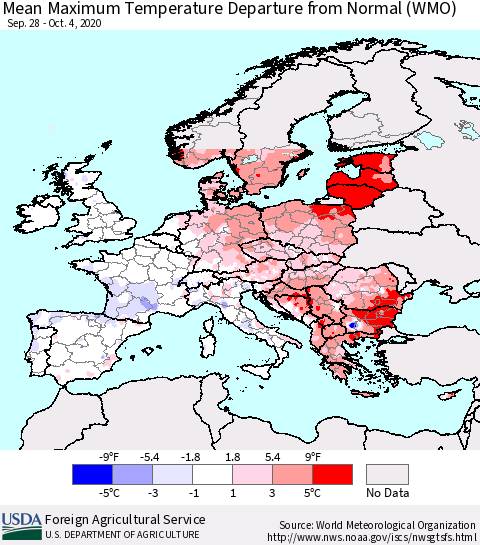 Europe Mean Maximum Temperature Departure from Normal (WMO) Thematic Map For 9/28/2020 - 10/4/2020