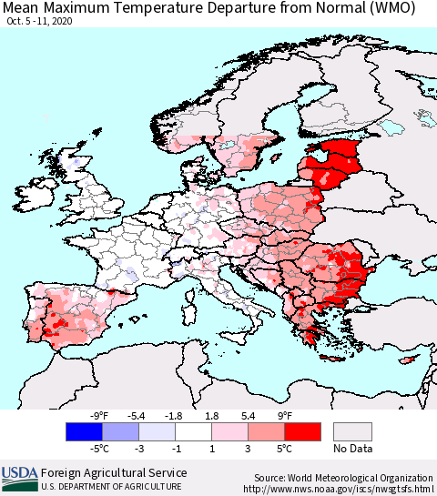Europe Mean Maximum Temperature Departure from Normal (WMO) Thematic Map For 10/5/2020 - 10/11/2020