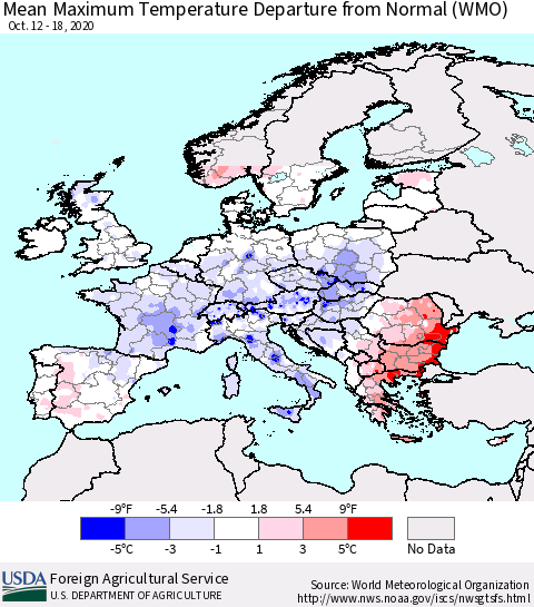 Europe Mean Maximum Temperature Departure from Normal (WMO) Thematic Map For 10/12/2020 - 10/18/2020