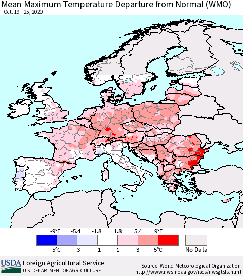 Europe Mean Maximum Temperature Departure from Normal (WMO) Thematic Map For 10/19/2020 - 10/25/2020
