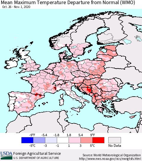 Europe Mean Maximum Temperature Departure from Normal (WMO) Thematic Map For 10/26/2020 - 11/1/2020