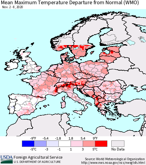 Europe Mean Maximum Temperature Departure from Normal (WMO) Thematic Map For 11/2/2020 - 11/8/2020