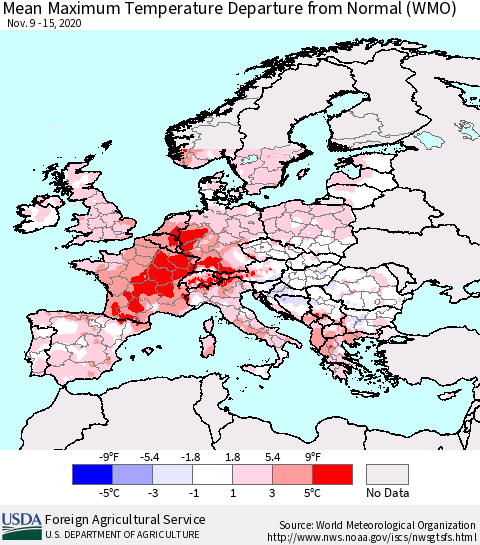 Europe Mean Maximum Temperature Departure from Normal (WMO) Thematic Map For 11/9/2020 - 11/15/2020