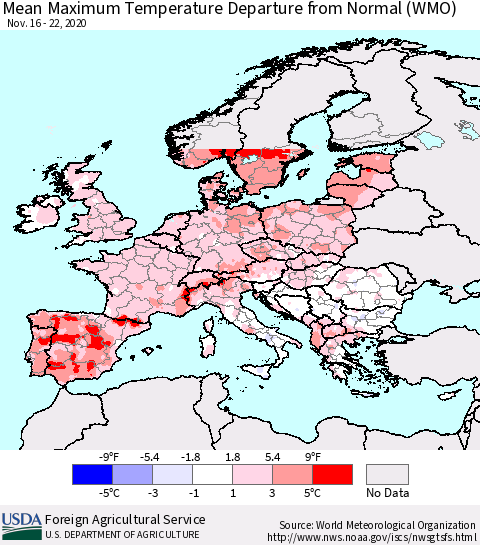 Europe Mean Maximum Temperature Departure from Normal (WMO) Thematic Map For 11/16/2020 - 11/22/2020