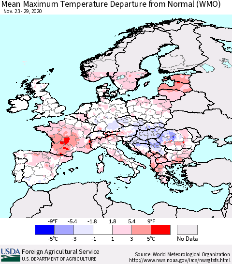 Europe Mean Maximum Temperature Departure from Normal (WMO) Thematic Map For 11/23/2020 - 11/29/2020