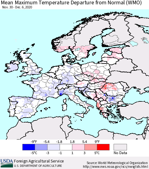 Europe Mean Maximum Temperature Departure from Normal (WMO) Thematic Map For 11/30/2020 - 12/6/2020