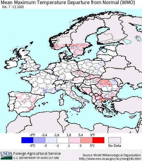 Europe Mean Maximum Temperature Departure from Normal (WMO) Thematic Map For 12/7/2020 - 12/13/2020